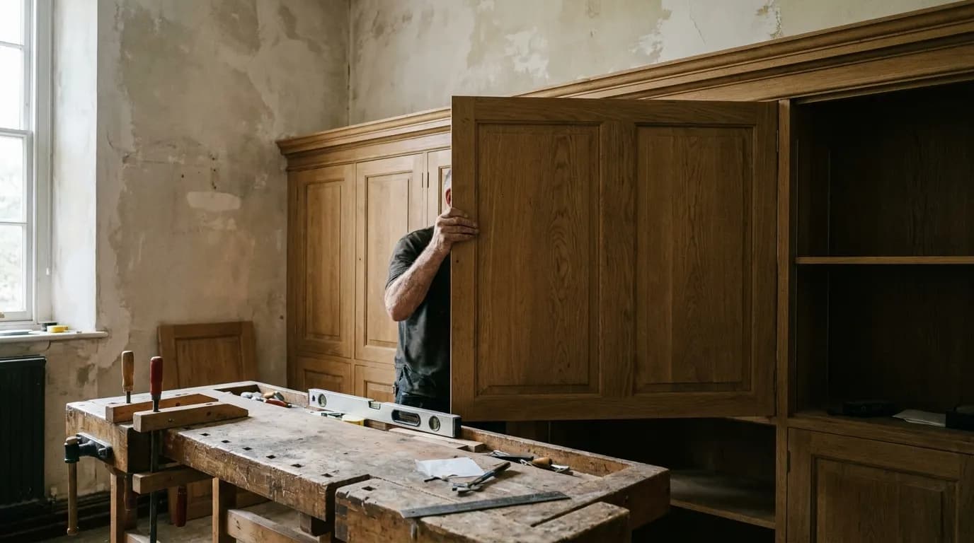 A carpenter fitting a solid wood cabinet door